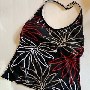Jaclyn Smith Black & White tropical print tankini swim halter top beach boating
